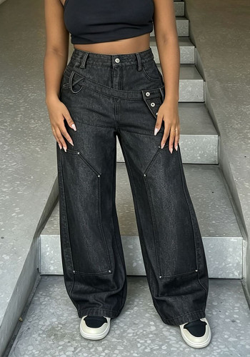 Women’s Double Waistband Diagonal Patchwork Asymmetric Button Wide-Leg Straight-Leg Denim Pants