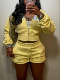 Women’s Studded Cropped Hooded Zip-Up Jacket and Drawstring Shorts Two-Piece Set