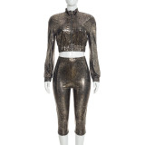 Fall Women’s Leopard Print Shiny Long Sleeve Zip-Up Jacket and Tight-Fitting Slim-Fit Cropped Pants Two-Piece Set