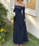 Women’s Polka Dot Off Shoulder Long Sleeve Sexy Slim-Waist Holiday Party Dress