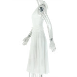Women’s Solid Color Casual V-Neck A-Line Ruched Hem Chic Sleeveless Halter Neck Dress