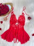 Women’s Sexy Deep V-Neck Lace Low Back Halter Neck Lace-Up Crotchless Bodysuit