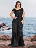 Women Plus Size Sequin Single Shoulder Sleeveless Beaded Ribbon Cocktail Formal Party Evening Dress