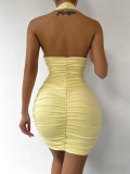 Summer Women’s V-Neck Halter Neck Low Back Bodycon Sexy Ruched Dress