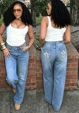 Women’s High Street Leopard Print Star Detail Back Pocket Loose Straight-Leg Denim Pants