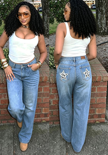 Women’s High Street Leopard Print Star Detail Back Pocket Loose Straight-Leg Denim Pants