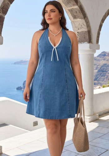 Summer Plus Size Women’s Halter Neck Lace Trim Denim Dress