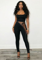 Women’s Sexy Strap Vest Hollow-Out Side Lace-Up Tight-Fitting Pants Two-Piece Set Women’s Sexy Strap Vest Hollow-Out Side Lace-Up Tight-Fitting Pants Two-Piece Set