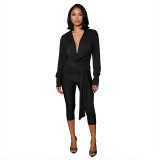 Fall Women’s Solid Color Casual Slim-Fit Knot Tie Turn-Down Collar Deep V-Neck Long Sleeve Jumpsuit