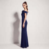 Women’s Off Shoulder Satin Floral Applique High-Slit Formal Party Gown
