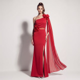 Women’s One Shoulder Satin Chiffon Tie Floral Applique High-Slit Formal Party Gown