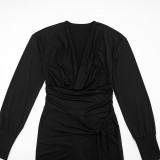 Fall Women’s Solid Color Casual Slim-Fit Knot Tie Turn-Down Collar Deep V-Neck Long Sleeve Jumpsuit