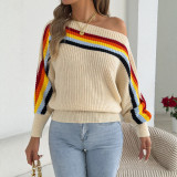 Women Fall Winter Rainbow Striped Off Shoulder Lantern Sleeve Sweater