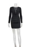 Women Cowl V Neck Long Sleeve Sexy Pleated Mini Bodycon Dress