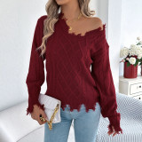 Women Fall Winter V-Neck Cable Long Sleeve Sweater