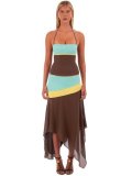 Women Summer Color Block Patchwork Strap Top and Irregular Skirt Two Piece Set