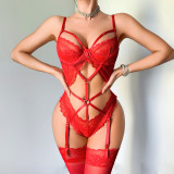 Women Harness Binding Hollow See-Through Lace Shaping Sexy Bodysuit with Stockings Lingerie
