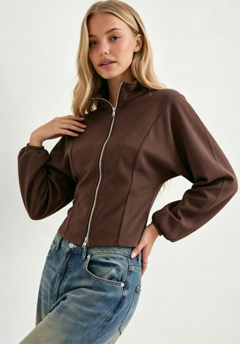 Women Autumn Mock Neck Double Zipper Long Sleeve T-Shirt Top