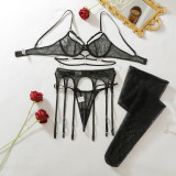 Women Harness Hollow Waist Cincher Lingerie with Fishnet Stockings Two Pieces