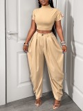 Women High Neck Short Sleeve Crop Top and Wide Leg Pant Casual Two Piece Set