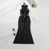 Women Lingerie Metal Chain Hollow Strap Bodysuit with Sexy Bodycon Mermaid Maxi Dress