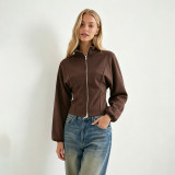 Women Autumn Mock Neck Double Zipper Long Sleeve T-Shirt Top