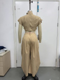 Women High Neck Short Sleeve Crop Top and Wide Leg Pant Casual Two Piece Set