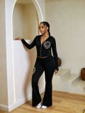 Women Fall Winter Casual Skull Rubber Print Patchwork Top and Bell Bottom Pant Two Piece Set