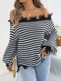 Women Fall Winter Casual Striped Off Shoulder Lantern Sleeve Sweater