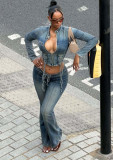 Women Casual Lace-Up Stretch Washed Denim Top and Pant Two Piece Set