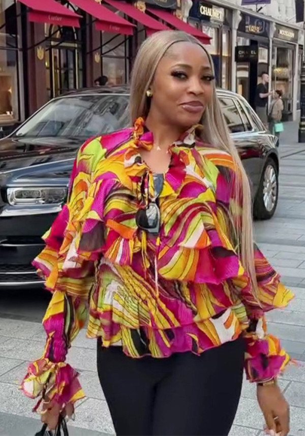 African Women Casual V-Neck Ruffle Print Long Sleeve Shirt