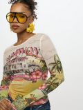 Women Tropical Floral Print Mesh Long Sleeve T-Shirt See-Through Basic Top