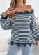 Women Fall Winter Casual Striped Off Shoulder Lantern Sleeve Sweater