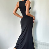 Women Lingerie Metal Chain Hollow Strap Bodysuit with Sexy Bodycon Mermaid Maxi Dress