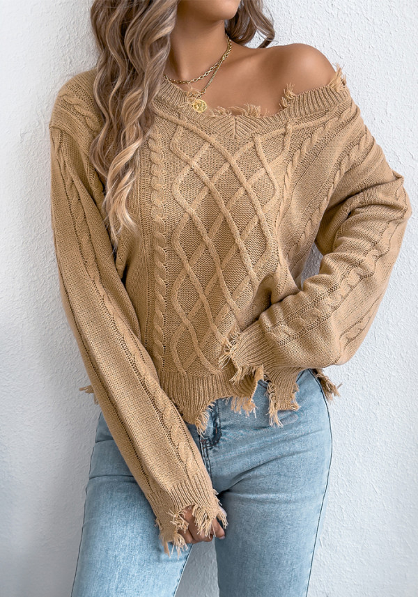 Women Fall Winter V-Neck Cable Long Sleeve Sweater