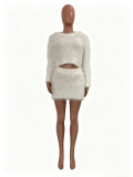 Women Fall Winter Knitting Round Neck Long Sleeve Sweater and Skirt Two Piece Set