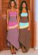 Women Summer Color Block Patchwork Strap Top and Irregular Skirt Two Piece Set
