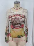 Women Tropical Floral Print Mesh Long Sleeve T-Shirt See-Through Basic Top