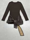 Women Pu-Leather Patchwork Long Sleeve Sexy Lace-Up Bodycon Dress