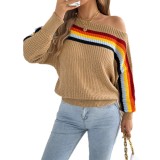 Women Fall Winter Rainbow Striped Off Shoulder Lantern Sleeve Sweater