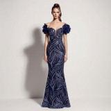 Women Boning Lace-Up Sequin Applique Formal Party Maxi Evening Dress
