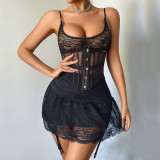 Women Lace-Up Strap Patchwork Bodycon Mermaid See-Through Lace Dress Lingerie