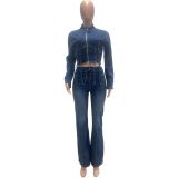 Women Casual Lace-Up Stretch Washed Denim Top and Pant Two Piece Set