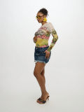 Women Tropical Floral Print Mesh Long Sleeve T-Shirt See-Through Basic Top