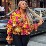 African Women Casual V-Neck Ruffle Print Long Sleeve Shirt