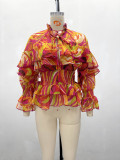 African Women Casual V-Neck Ruffle Print Long Sleeve Shirt