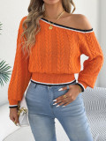 Women Fall Winter Color Block Cable Off Shoulder Long Sleeve Sweater