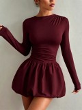 Women Long Sleeve Stretchy Ruffle Dress