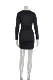 Women Cowl V Neck Long Sleeve Sexy Pleated Mini Bodycon Dress
