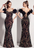 Women Boning Lace-Up Sequin Applique Formal Party Maxi Evening Dress